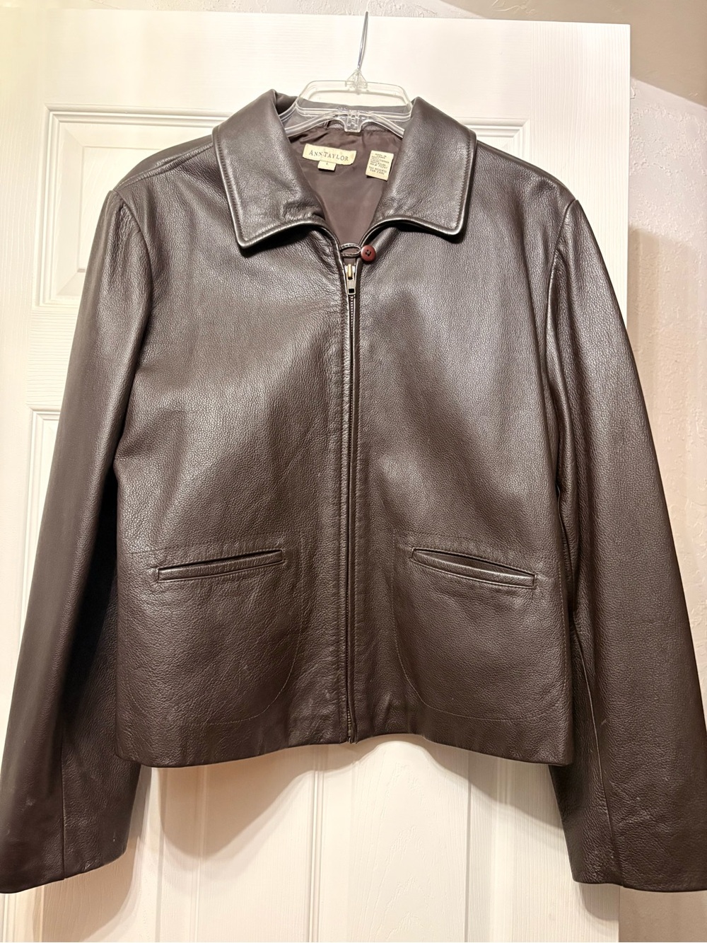Ann Taylor Chocolate Brown Leather Bomber Jacket